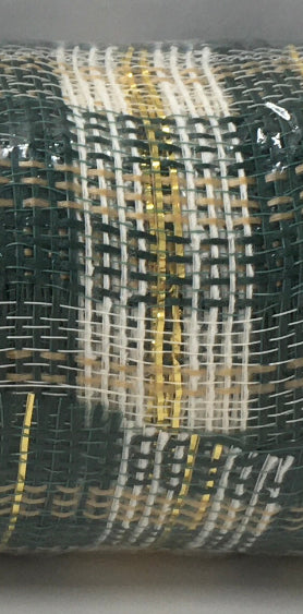10”x10 Yards - Dark Green, Natural, Cream, and Gold Fabric Plaid Mesh