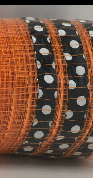 10”x10 Yards - Orange with Black and White Polka Dot Ruffle Edge Mesh