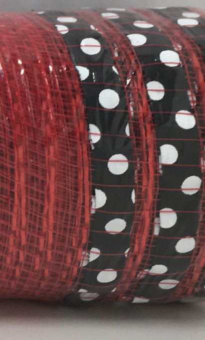 10”x10 Yards - Red with Black and White Polka Dot Border Mesh