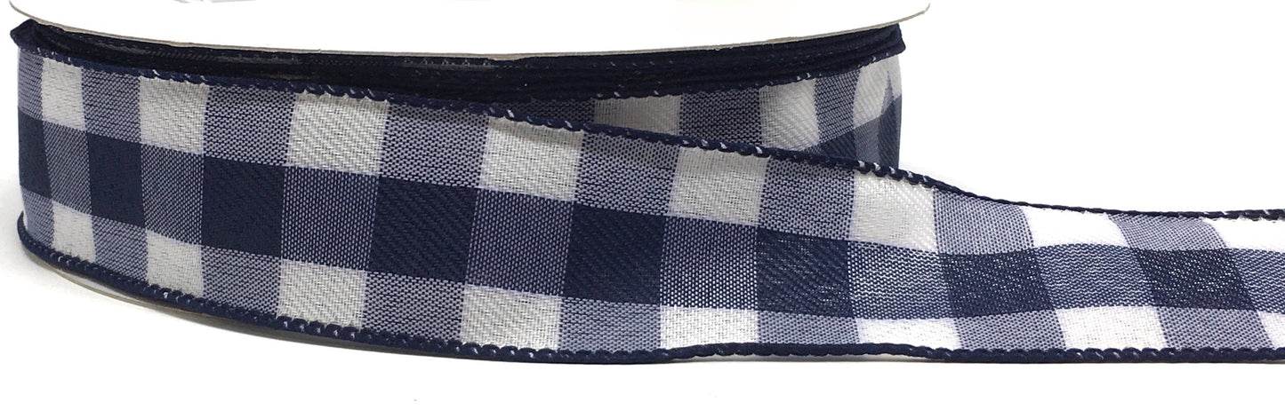 50 Yards - 1.5” Wired Navy Blue and White Check Ribbon