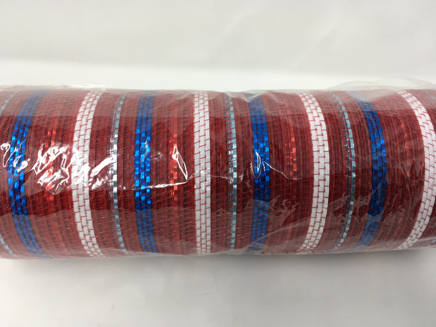 10”x10 Yards - Red, White, and Blue Stripe Poly Jute Metallic Mesh