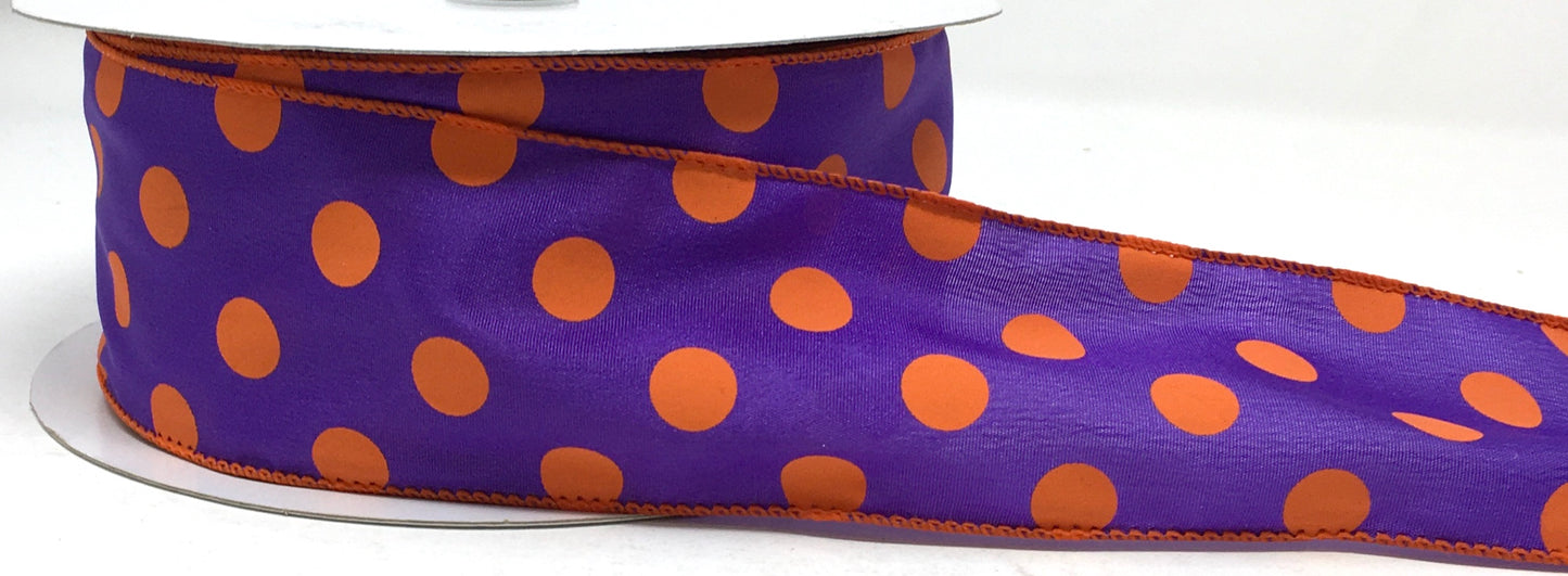 10 Yards - 2.5” Wired Purple and Orange Polka Dot Ribbon