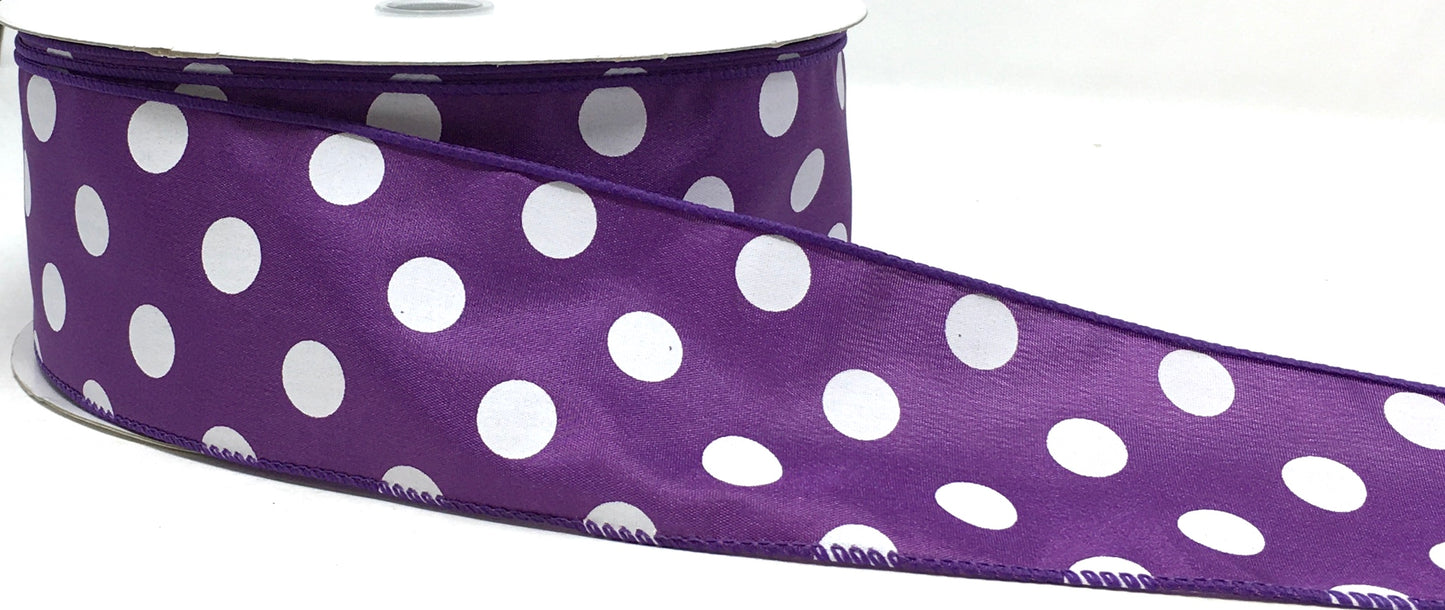 10 Yards - 2.5” Wired Purple and White Polka Dot Satin Ribbon