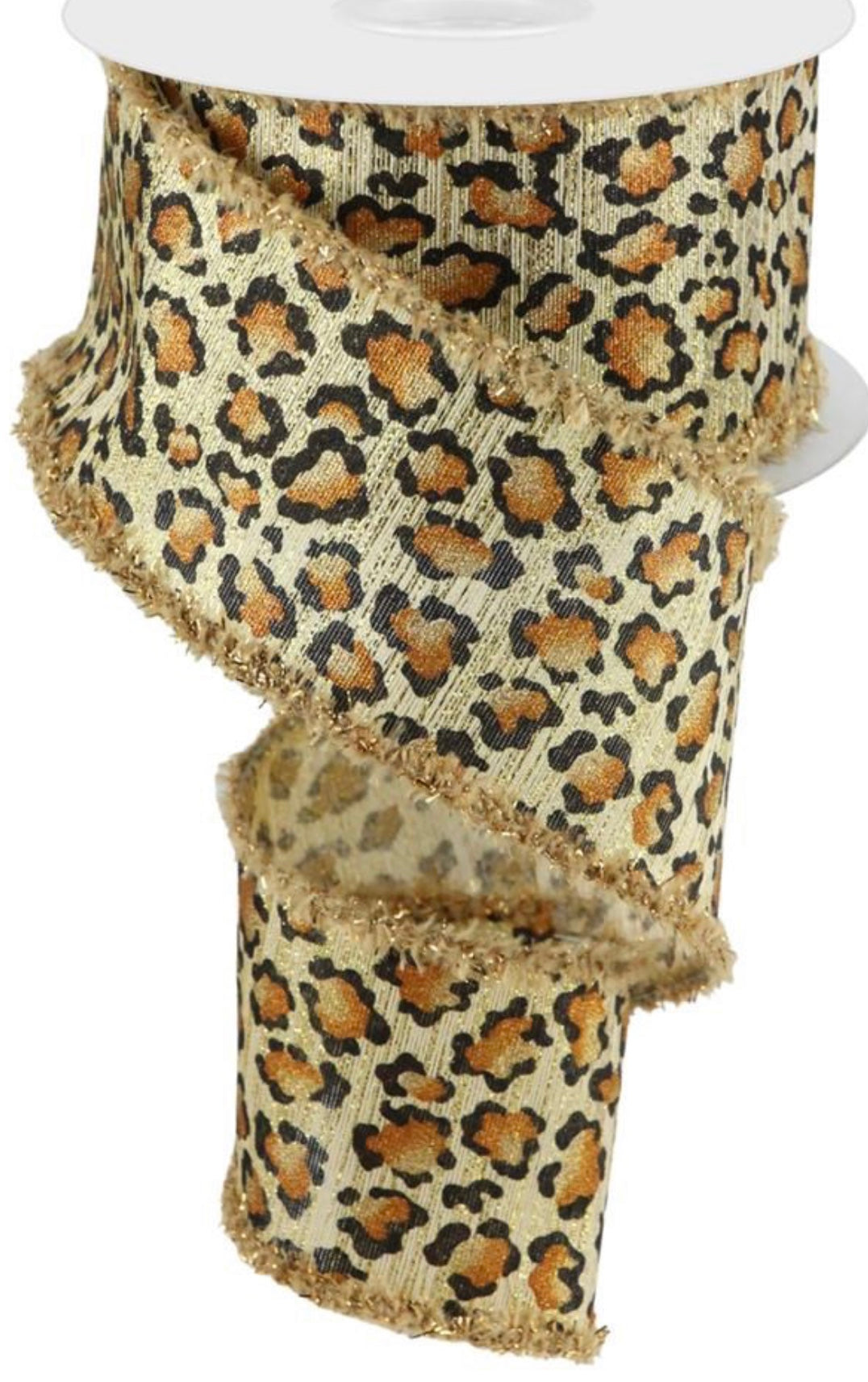 10 Yards - 2.5” Wired Light Natural Cheetah Print Ribbon with Metallic Orange Accent and Drift Edge
