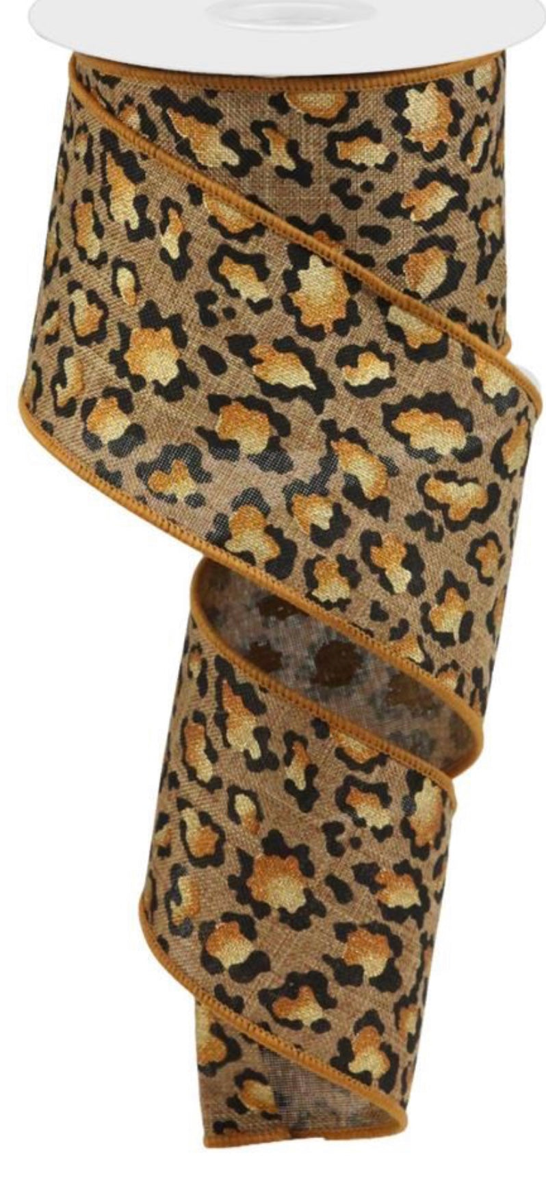 10 Yards - 2.5” Wired Natural Cheetah Print Ribbon with Metallic Orange Accent