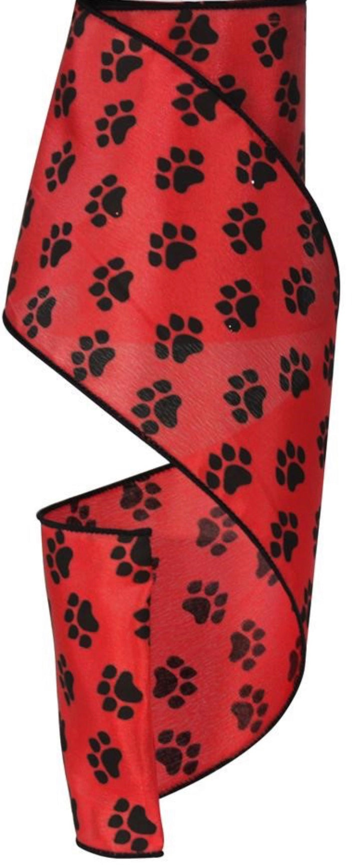 10 Yards - 4” Wired Red and Black Satin Paw Print Dog Ribbon