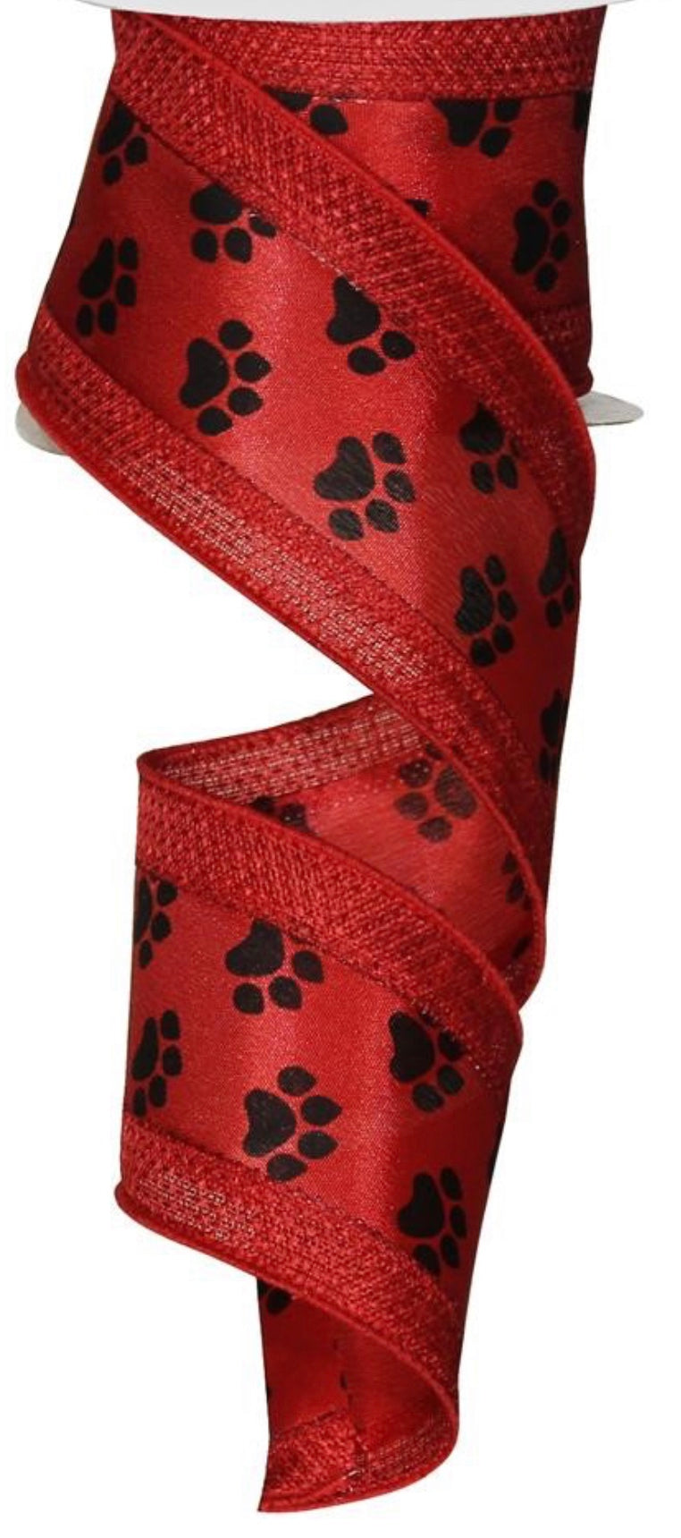10 Yards - 2.5” Wired Red and Black Paw Print Dog Ribbon