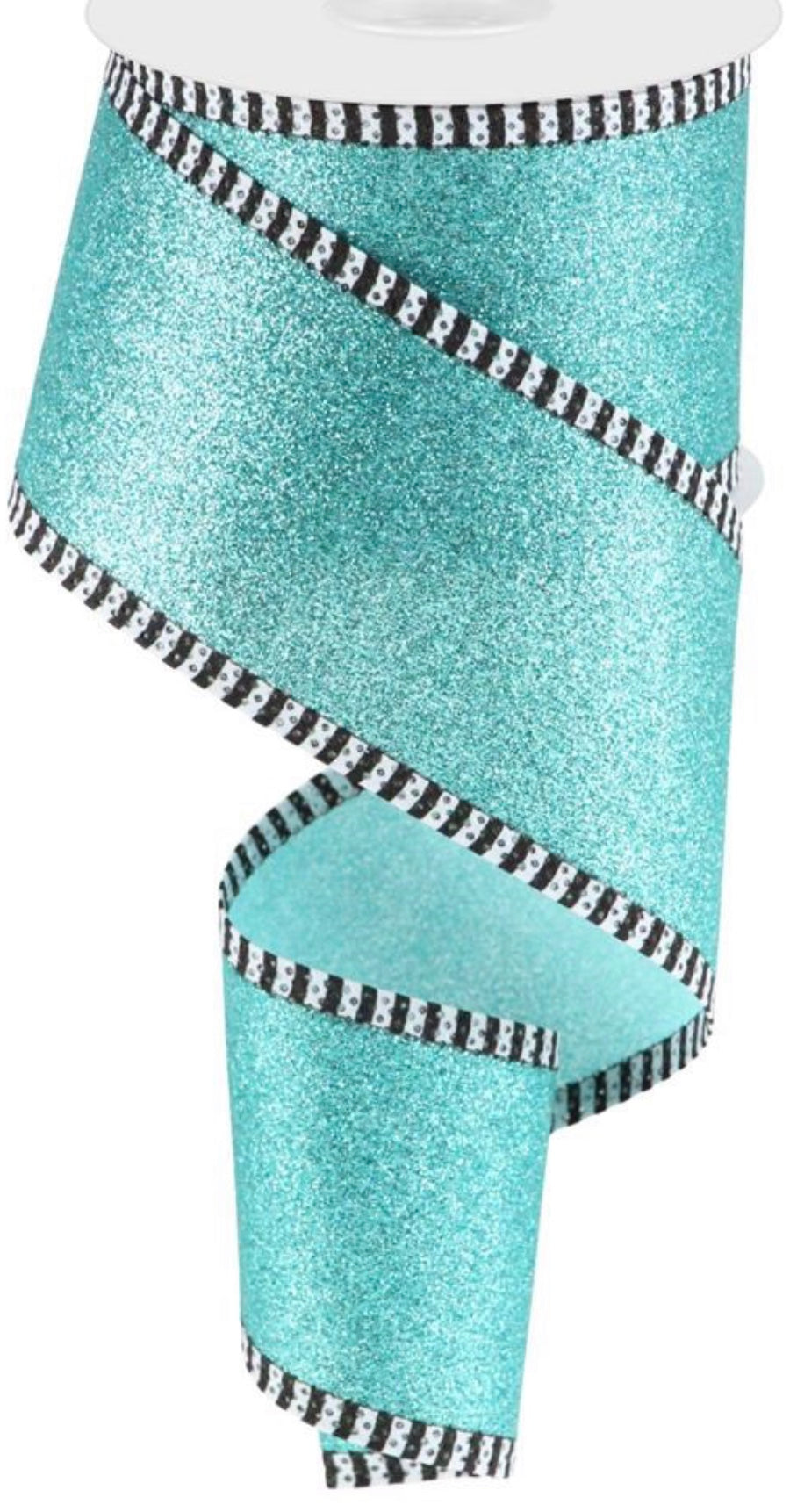 10 Yards - 2.5” Wired Ice Blue Glitter Ribbon with Black and White Stripe Edge