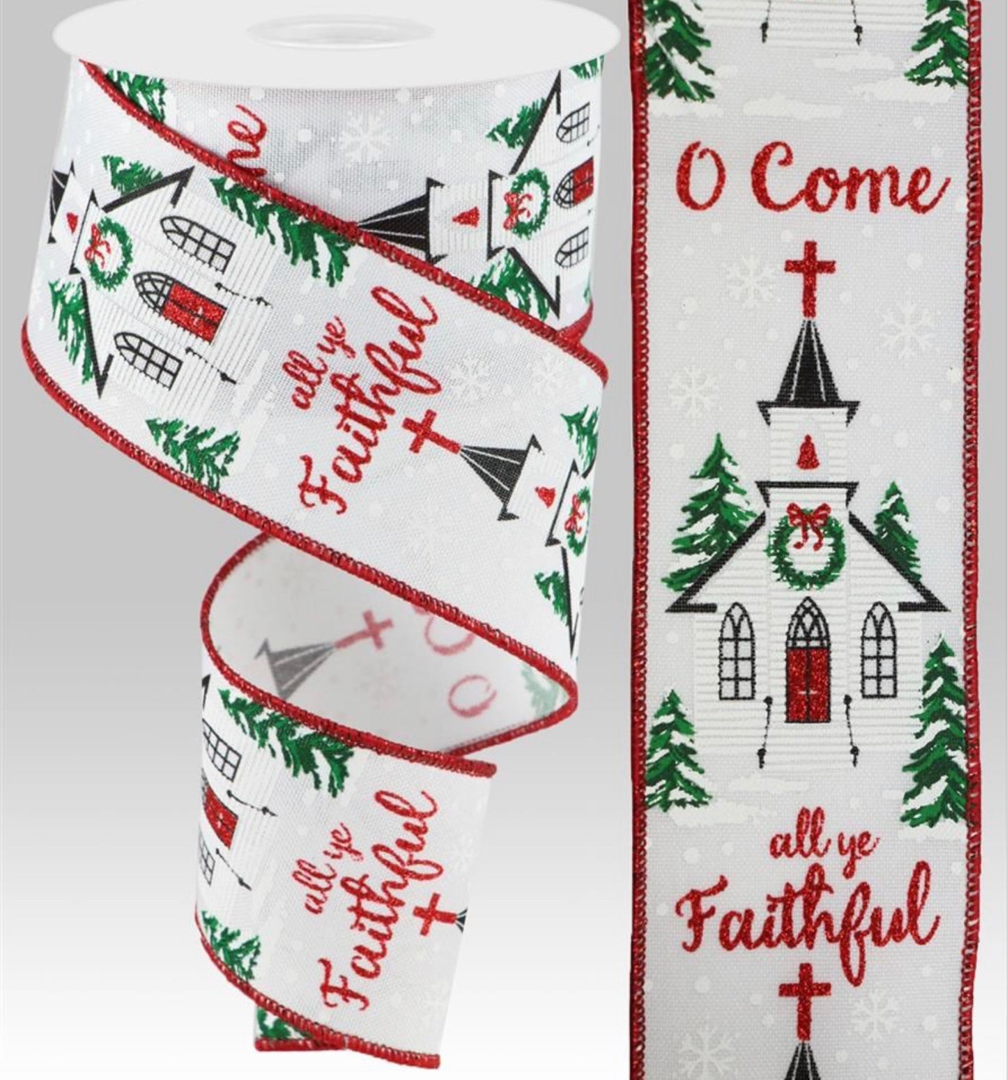 10 Yards - 2.5” Wired O Come All Ye Faithful Christmas Church Glitter Ribbon