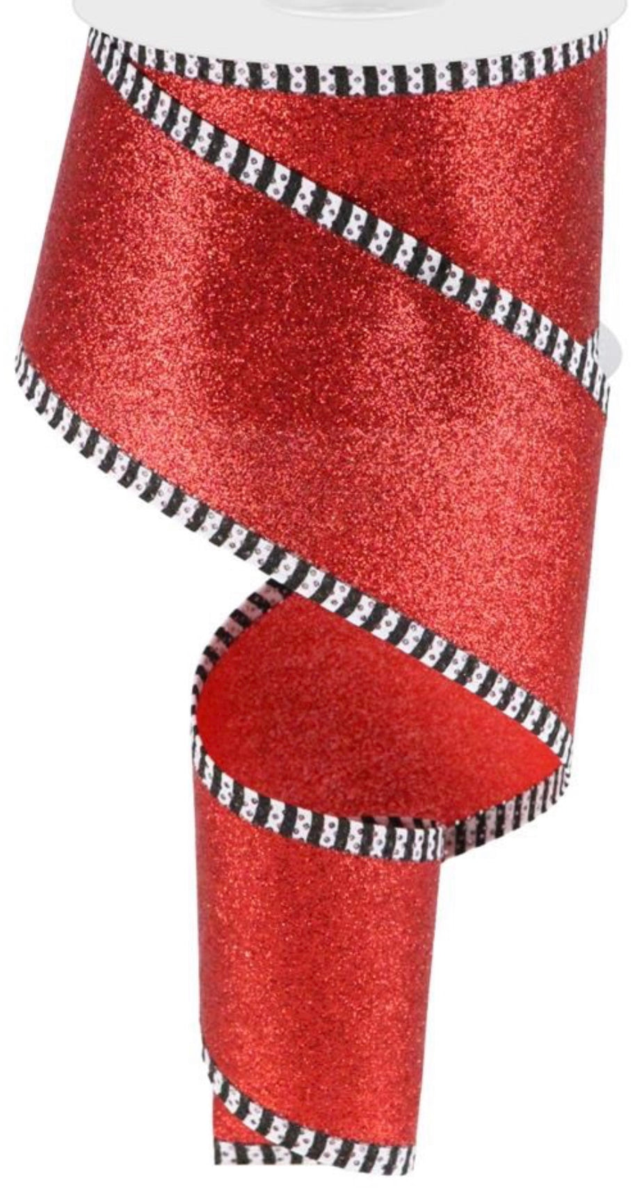 10 Yards - 2.5” Wired Red Glitter Ribbon with Black and White Stripe Edge