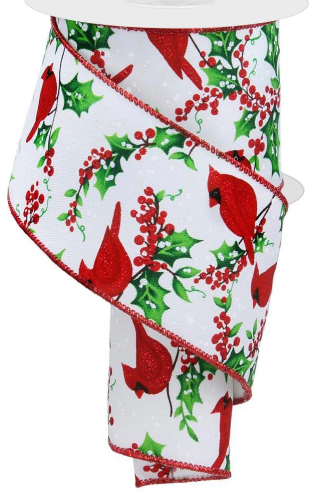 10 Yards - 2.5” Wired Holly Berry Cardinal Glitter Ribbon