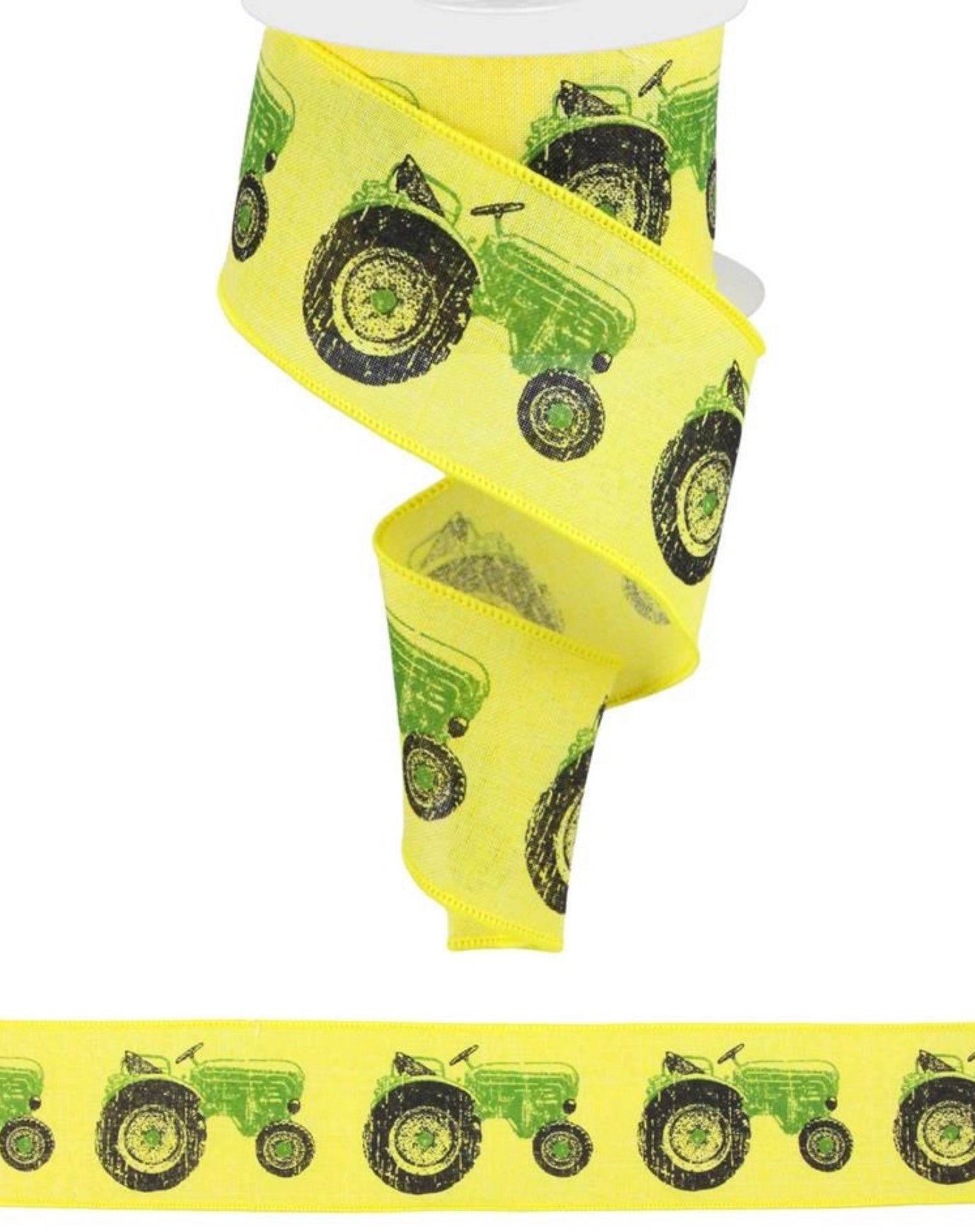 Wired Yellow Background Green Tractor Ribbon-2.5”x10 Yards