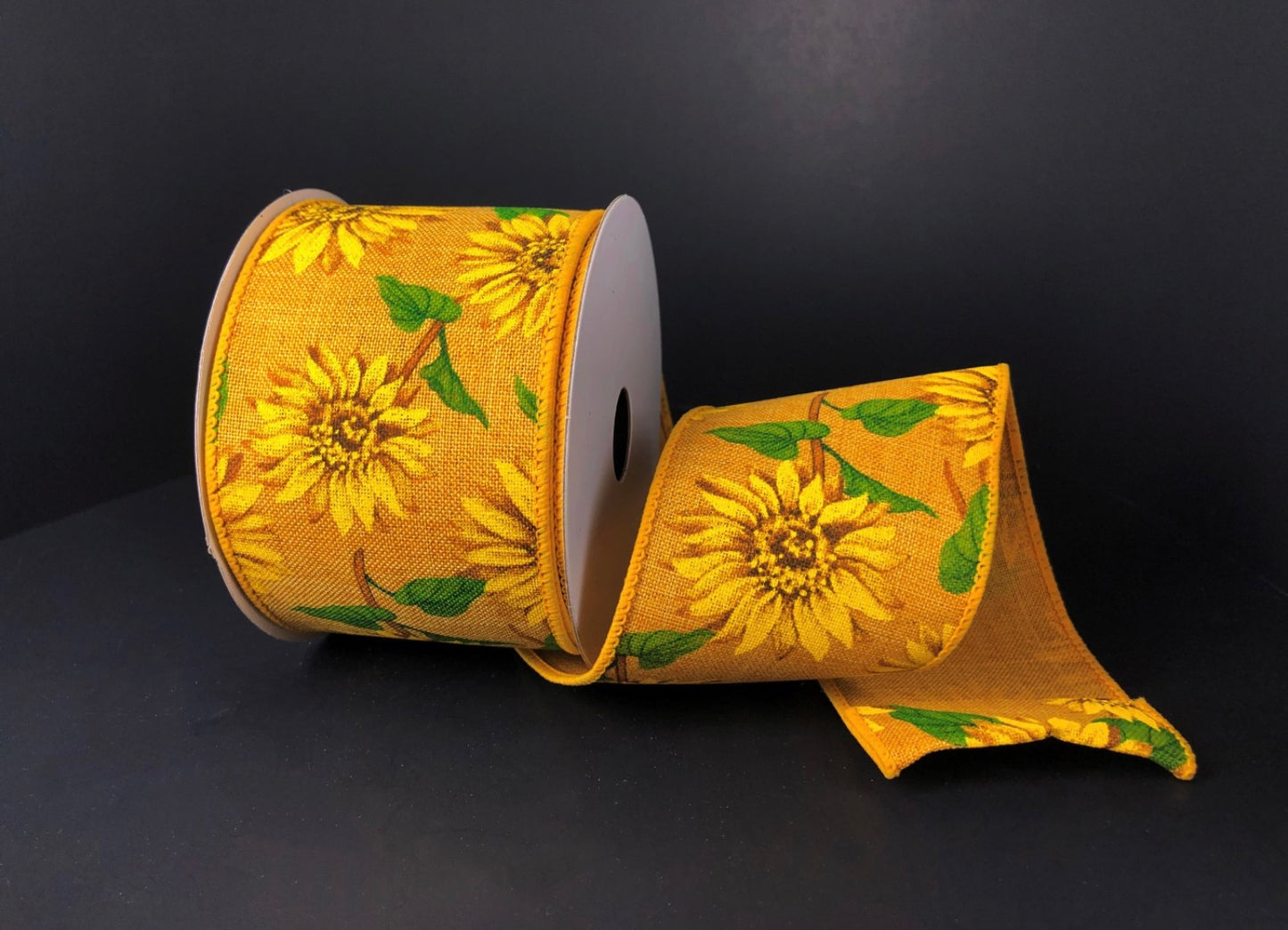 10 Yards - 2.5” Wired Mustard Yellow Fall Sunflower Ribbon