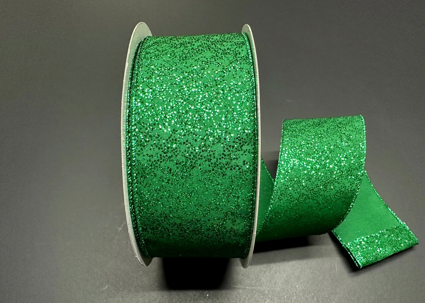 50 Yards - 2.5” Wired Emerald Green Glitter Christmas Ribbon