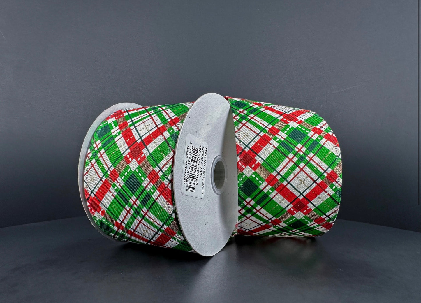 10 Yards - 2.5” Wired Christmas Check Ribbon with Gold Glitter Accent