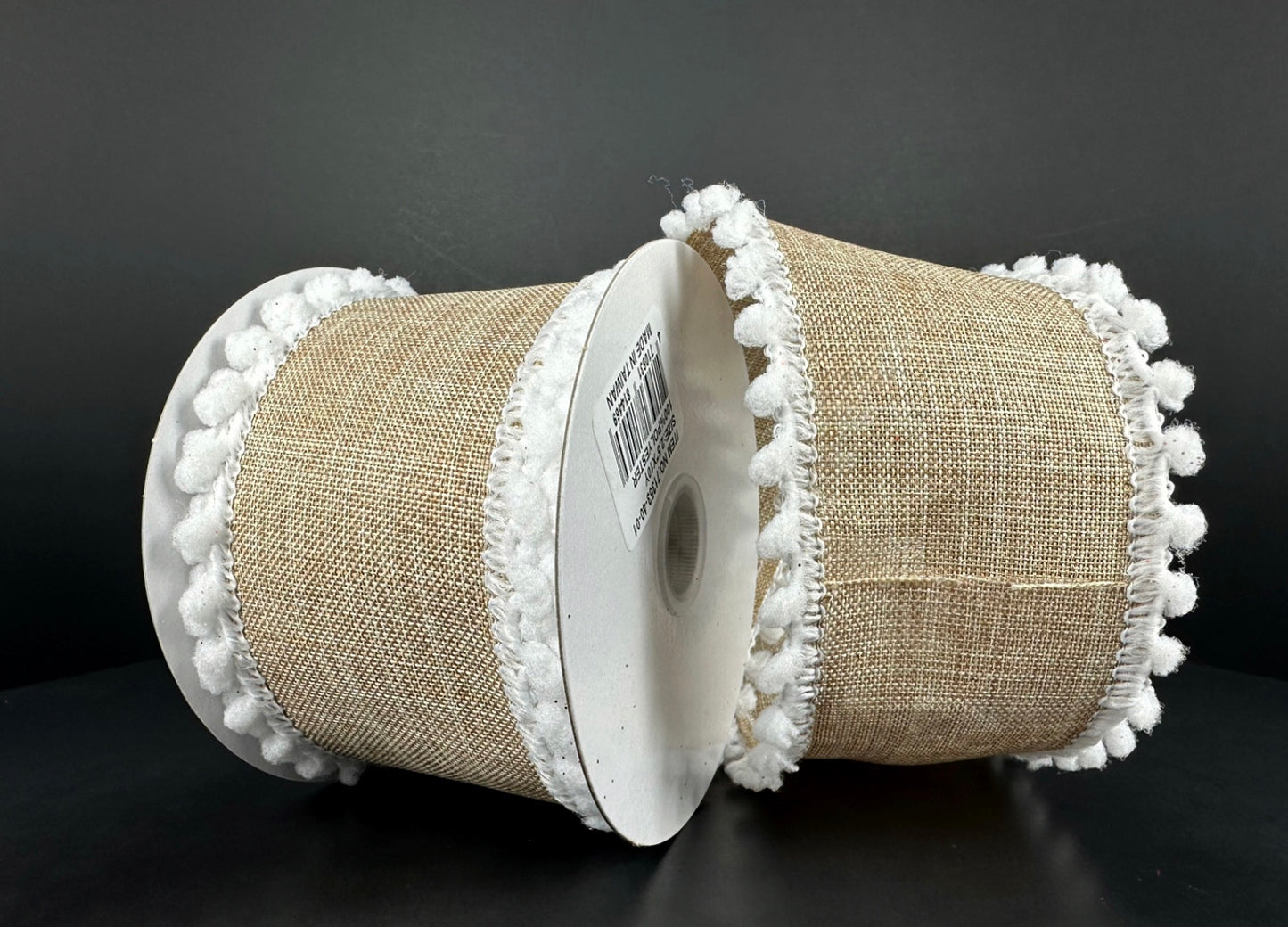 10 Yards - 2.5” Wired Natural Linen Ribbon with White Snowball Edge
