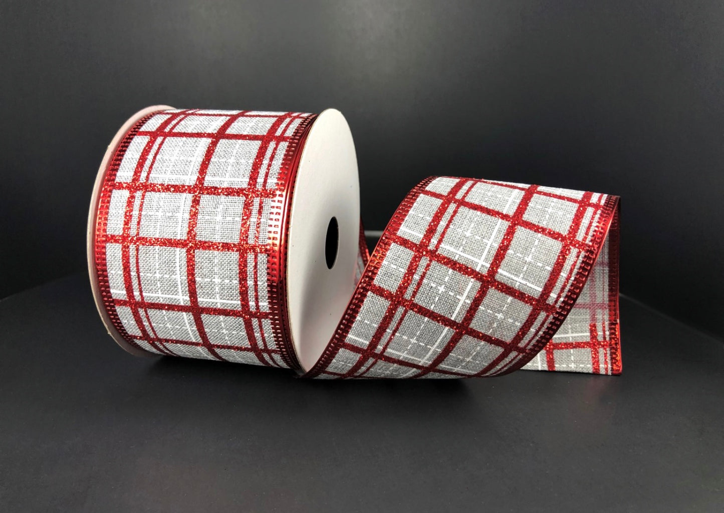 10 Yards - 2.5” Wired Gray Background Check Ribbon with Red Glitter Accent