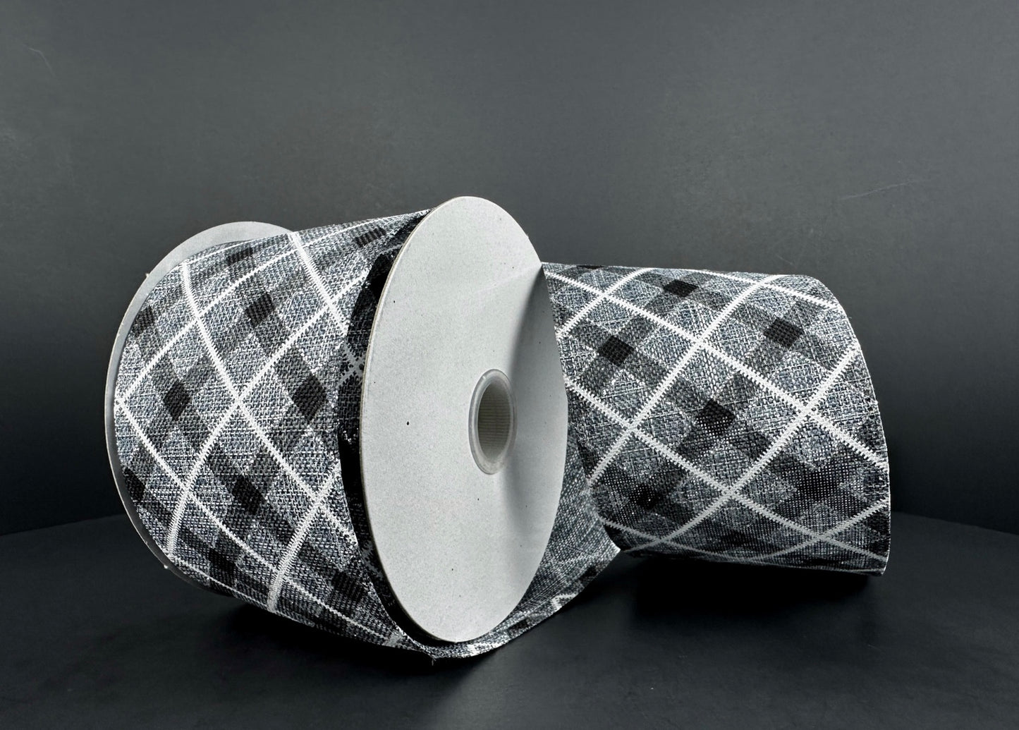 10 Yards - 2.5” Wired Gray, Black, and White Cross Check Ribbon with Glitter Accent