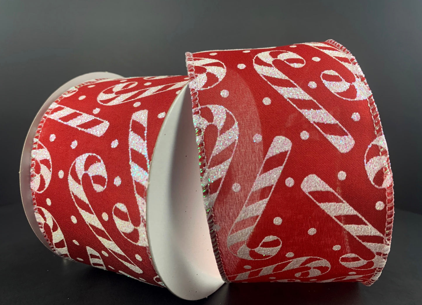 10 Yards - 2.5” Wired Red and White Candy Cane Christmas Ribbon with Glitter Accent
