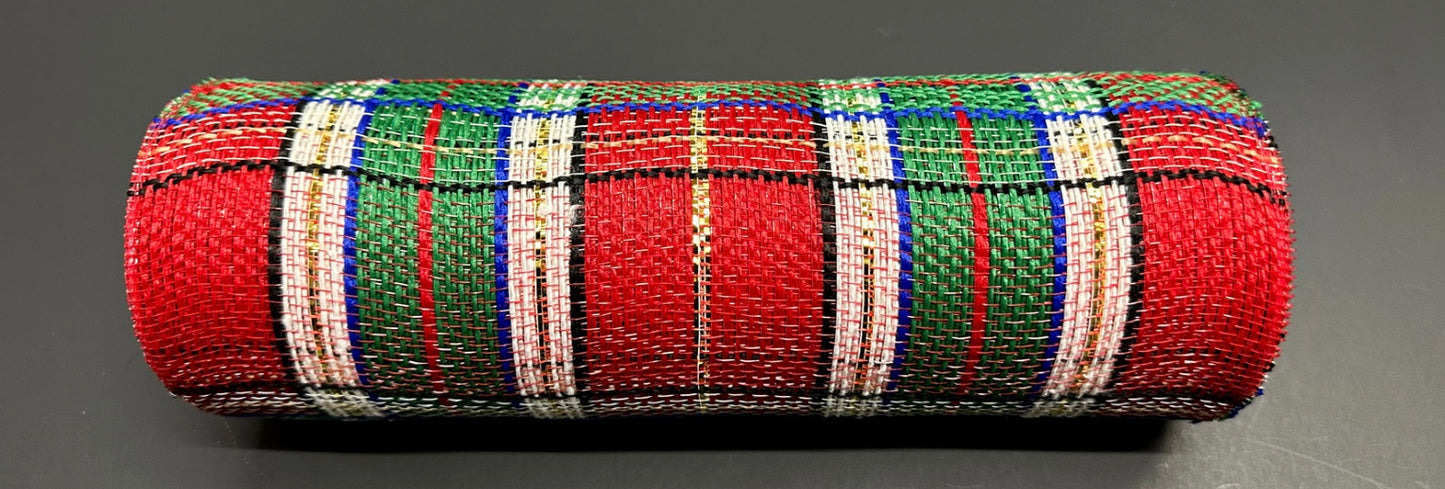 10”x10 Yards - Green, Blue, Red, White, Black, and Gold Fabric Plaid Mesh