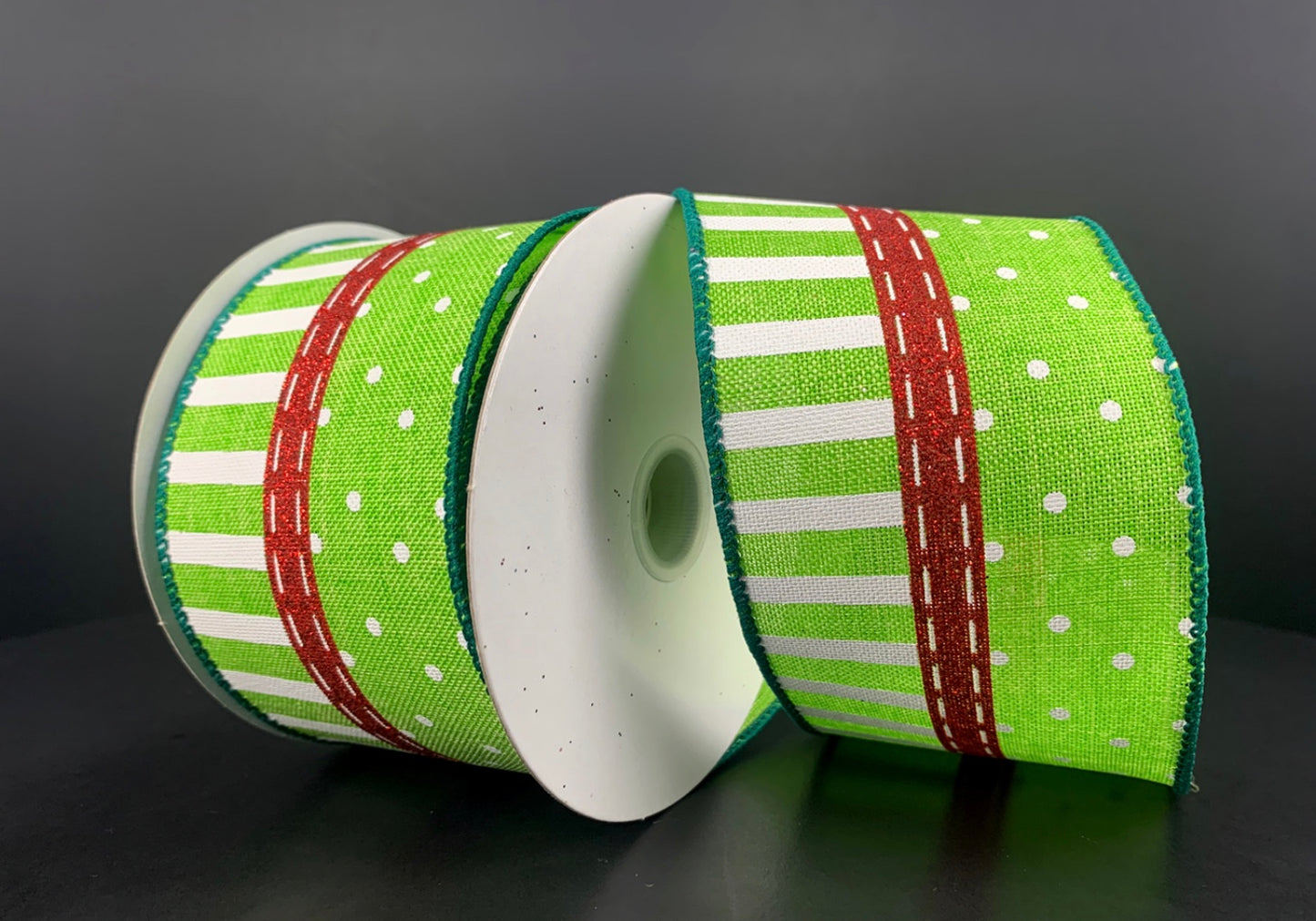 10 Yards - 2.5” Wired Lime Green and White Stripe Dot Ribbon with Red Glitter Accent
