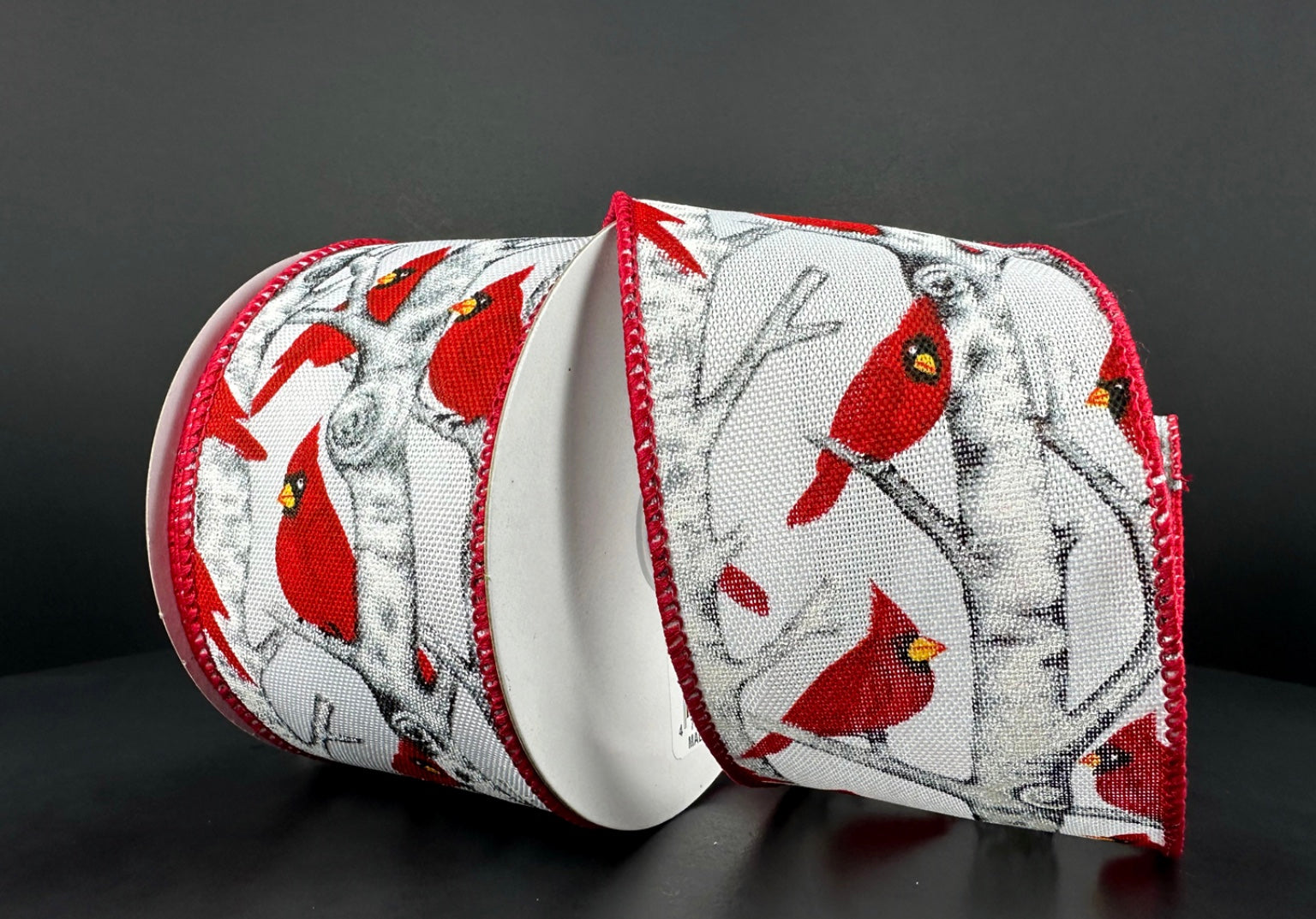 10 Yards - 2.5” Wired Snowy Birch Tree Red Cardinal Winter Ribbon with  Glitter Accent