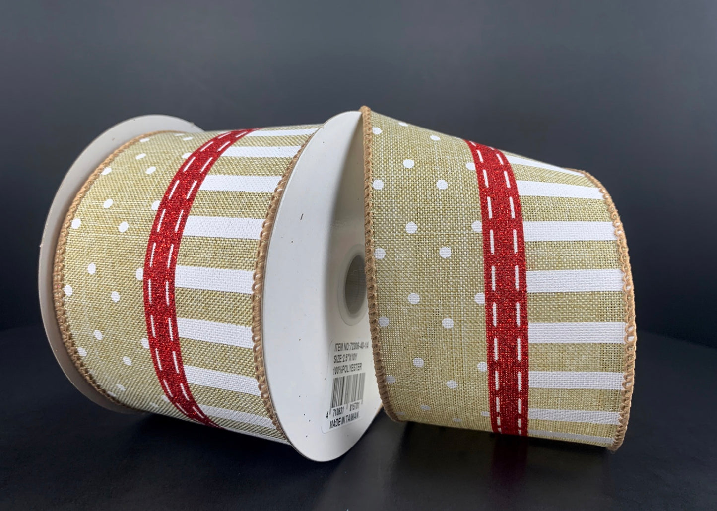 10 Yards - 2.5” Wired Natural and White Stripe Dot Ribbon with Red Glitter Accent