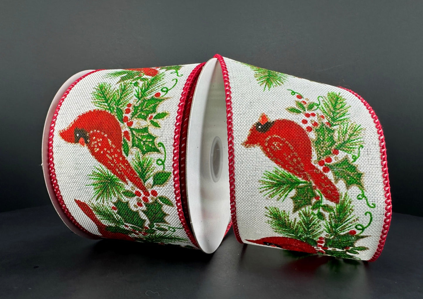 10 Yards - 2.5” Wired Red Cardinal Holly Berry Christmas Ribbon with Gold Glitter Accent