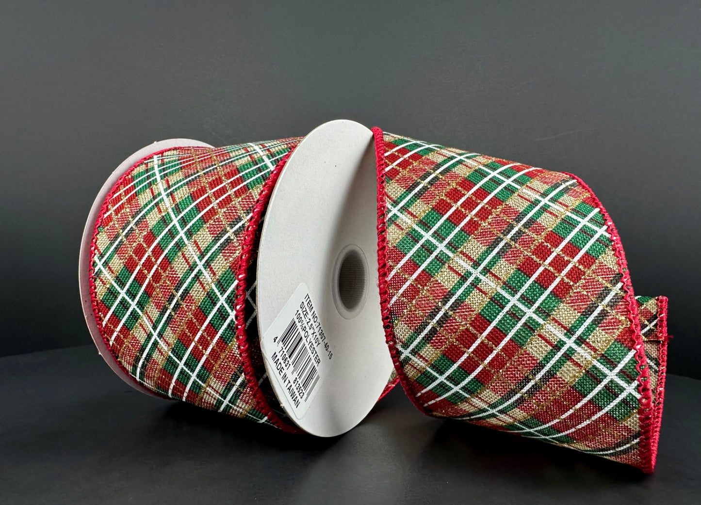10 Yards - 2.5” Wired Dark Red, Green, White, Tan, and Gold Glitter Cross Plaid Christmas Ribbon