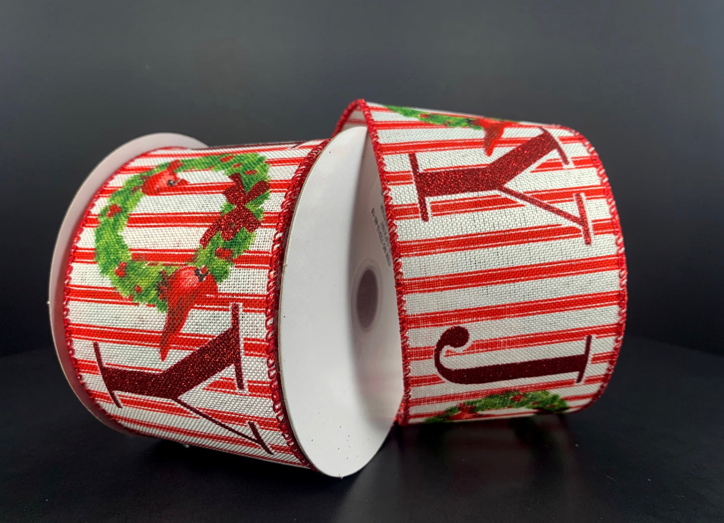 10 Yards - 2.5” Wired Joy Cardinal Christmas Ribbon with Red Stripes and Glitter Accent