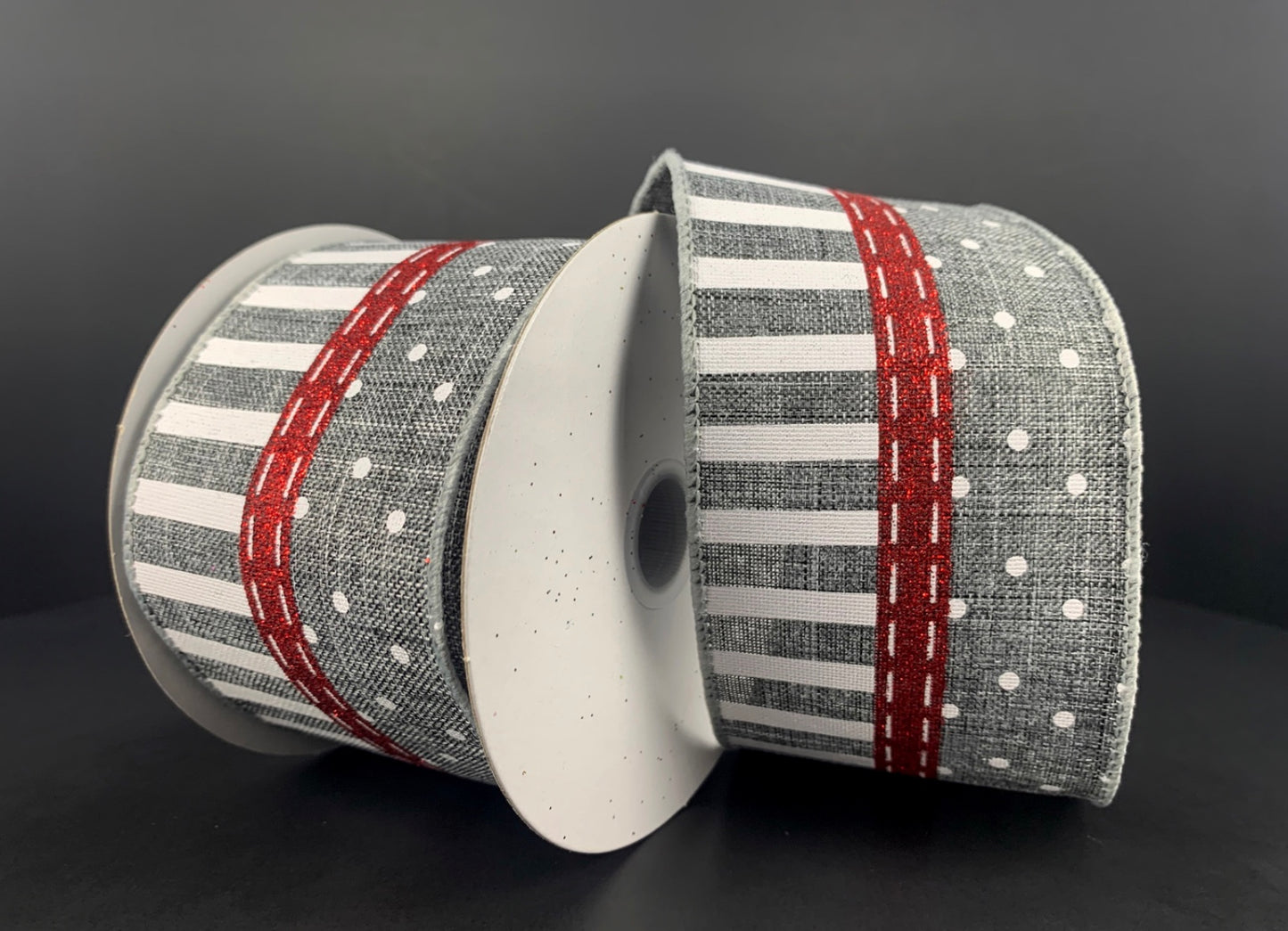 10 Yards - 2.5” Wired Gray and White Stripe Dot Ribbon with Red Glitter Accent