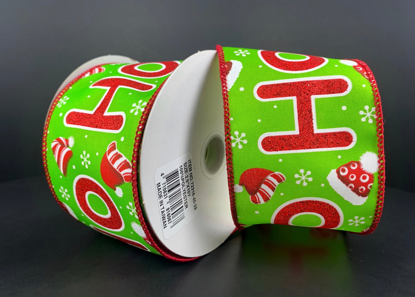 10 Yards - 2.5” Wired Lime Green and Red Glitter Ho Ho Ho Santa Christmas Ribbon