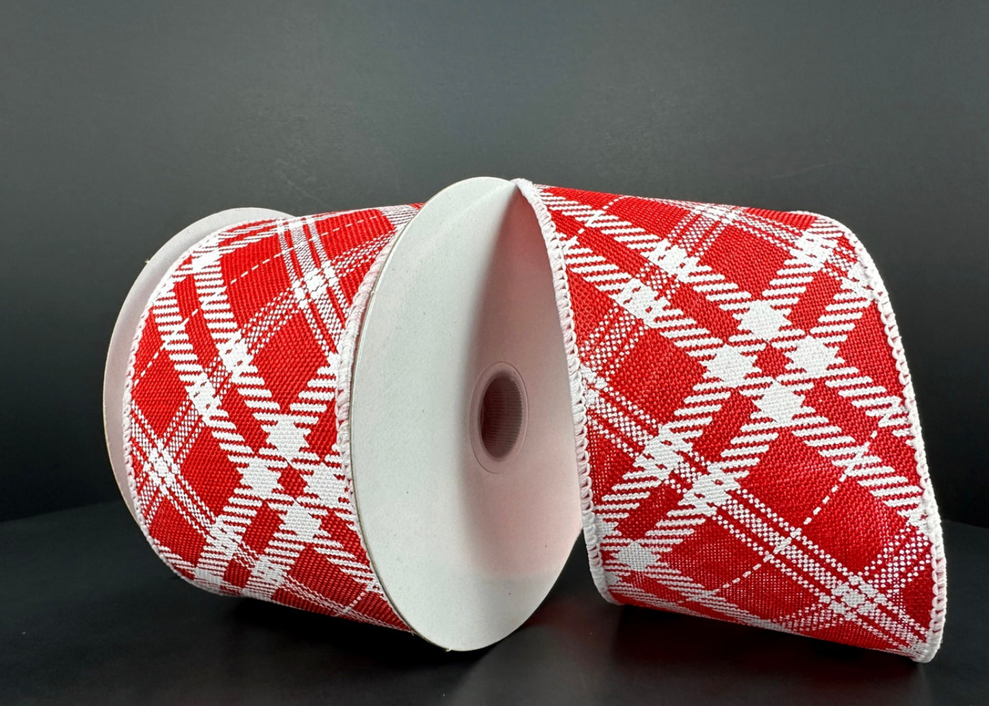 10 Yards - 2.5” Wired Red and White Cross Check Ribbon