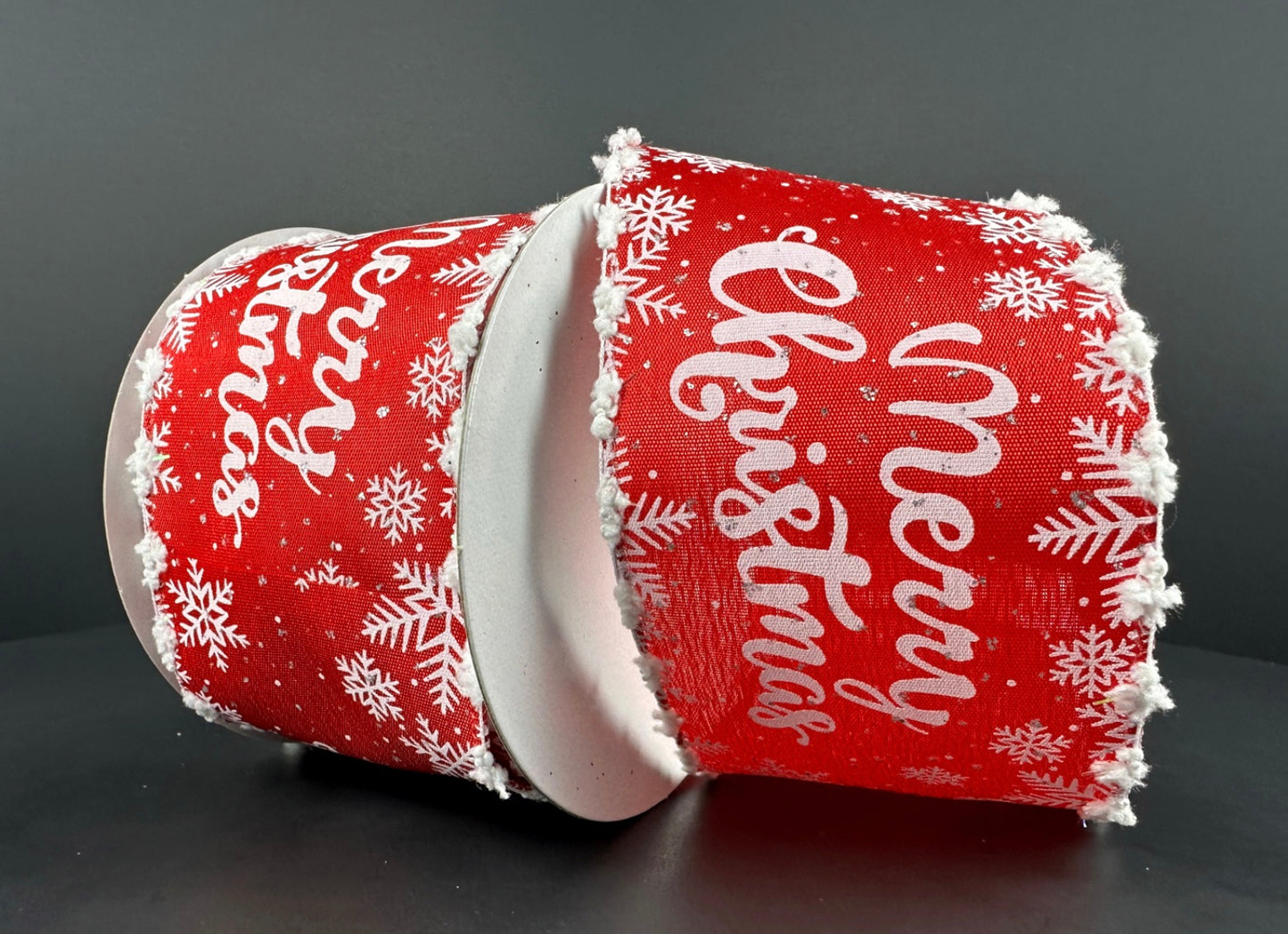 10 Yards - 2.5” Wired Red and White Merry Christmas Ribbon with Silver Glitter Accent