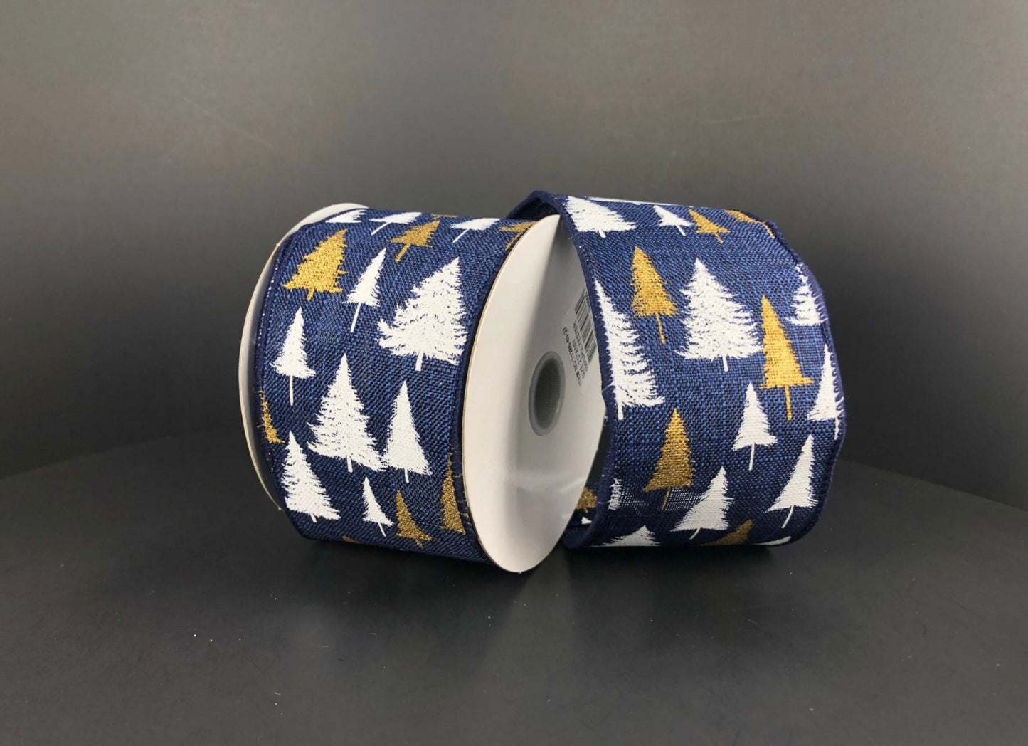 10 Yards - 2.5” Wired Navy Background Tree Ribbon with Metallic Gold Trees