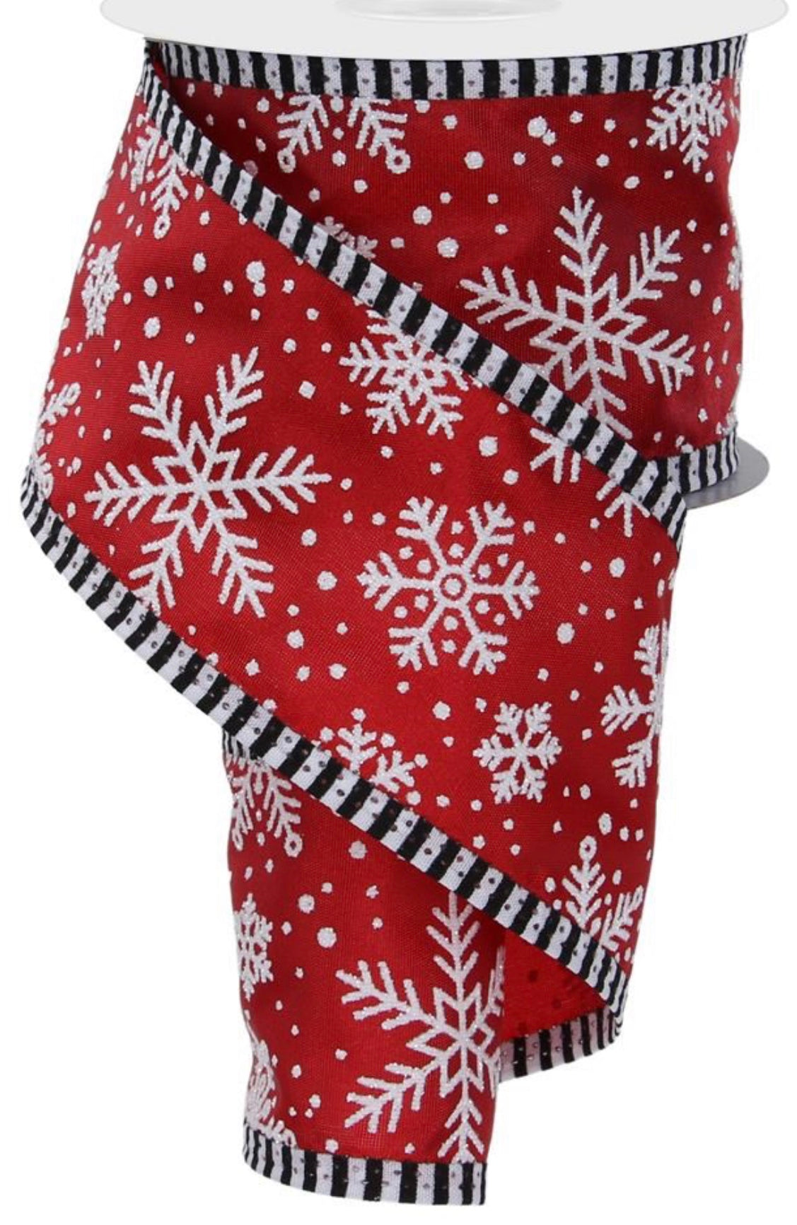 10 Yards - 2.5” Wired Red and White Glitter Snowflake Ribbon with Black and White Stripe Edge