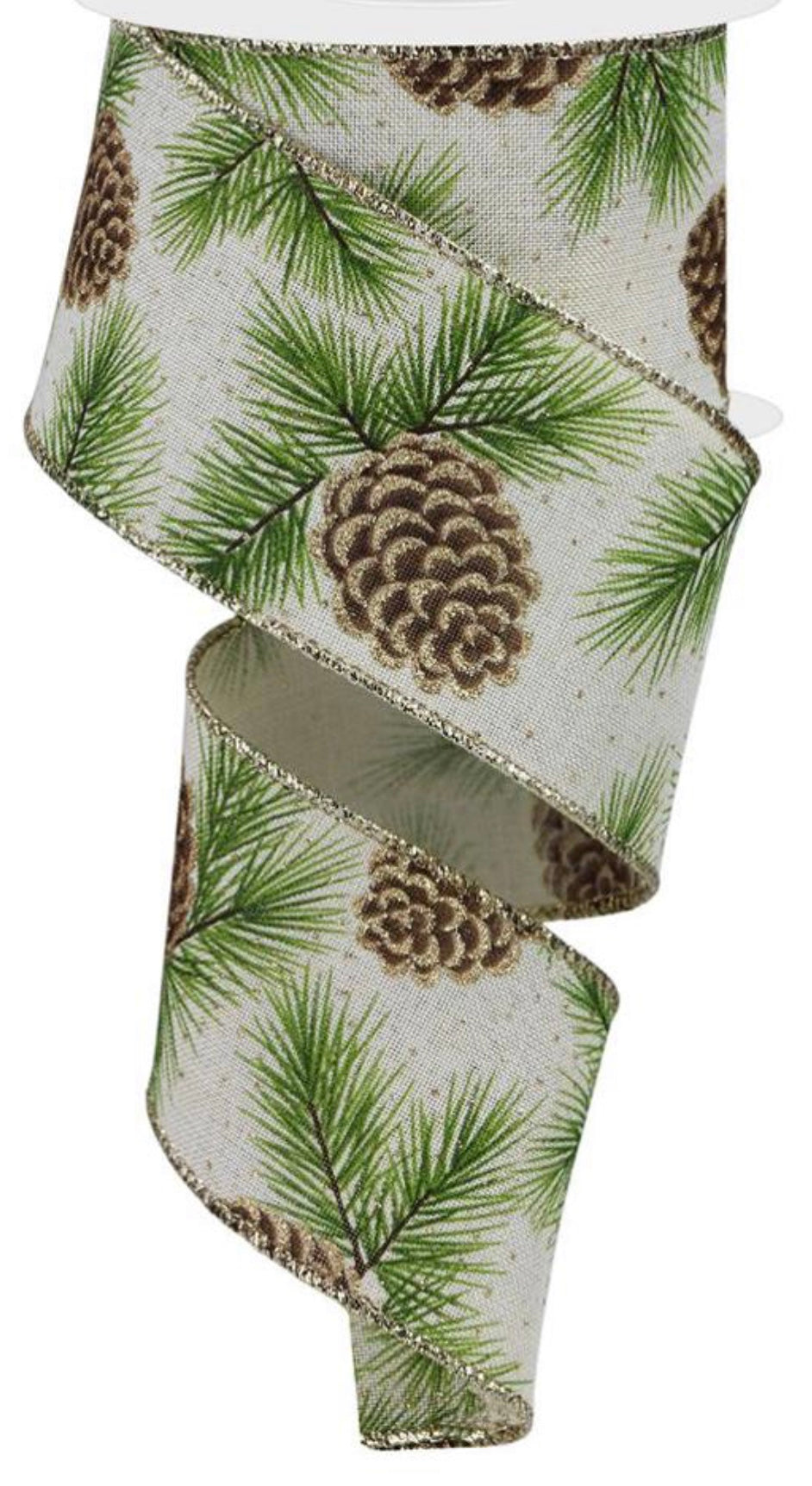 Wired Winter Pinecone Ribbon with Gold Glitter Accent- 2.5”x10 Yards