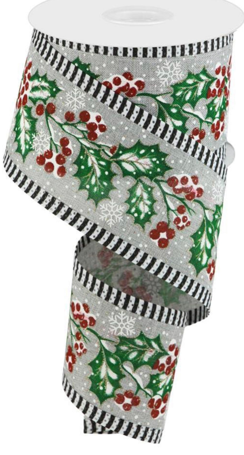 10 Yards - 2.5” Wired Gray Background Christmas Holly Ribbon with Gold Glitter Accent and Stripe Edge