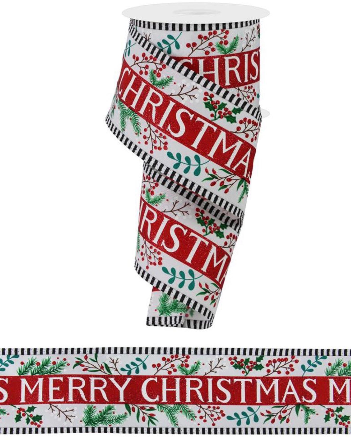 10 Yards - 2.5” Wired Merry Christmas Glitter Ribbon with Stripe Edge