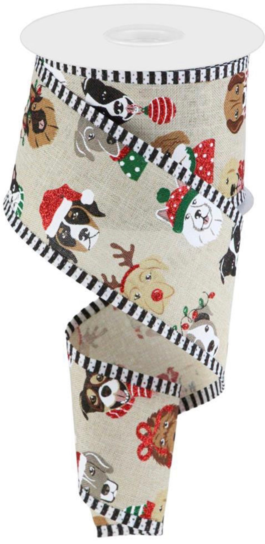 10 Yards - 2.5” Wired Natural Background Christmas Pooch Dog Ribbon with Glitter Accent