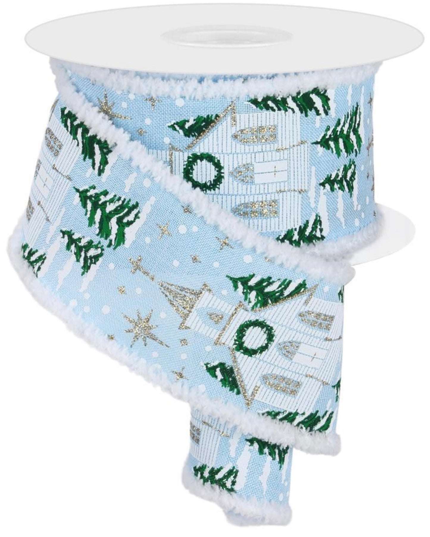 10 Yards - 2.5” Wired Light Blue Background Christmas Church Ribbon with Gold Glitter Accent and Snowdrift Edge