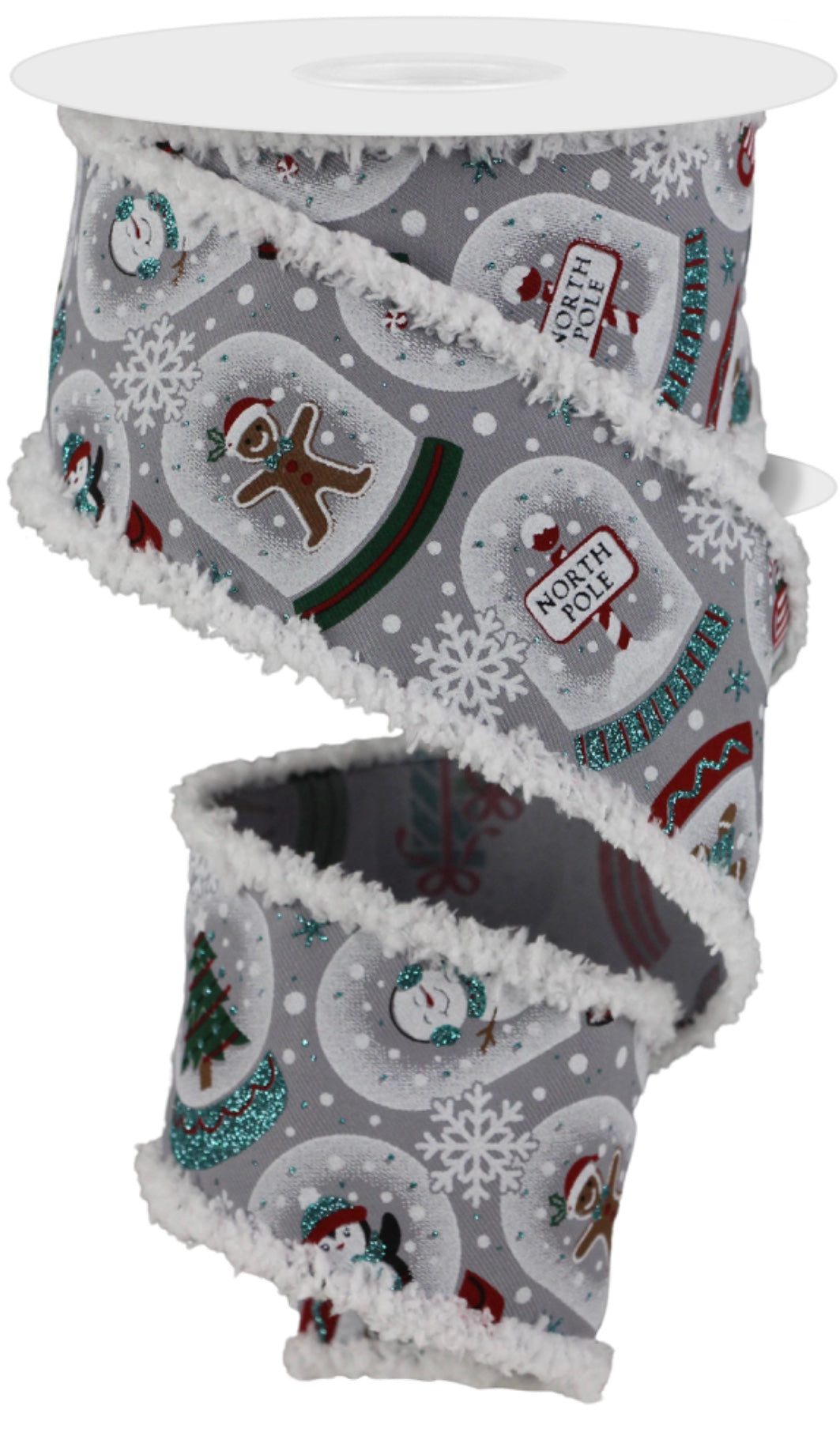 10 Yards - 2.5” Wired Gray Background Winter Snow Globe Ribbon with Blue Glitter Accent and Snowdrift Edge