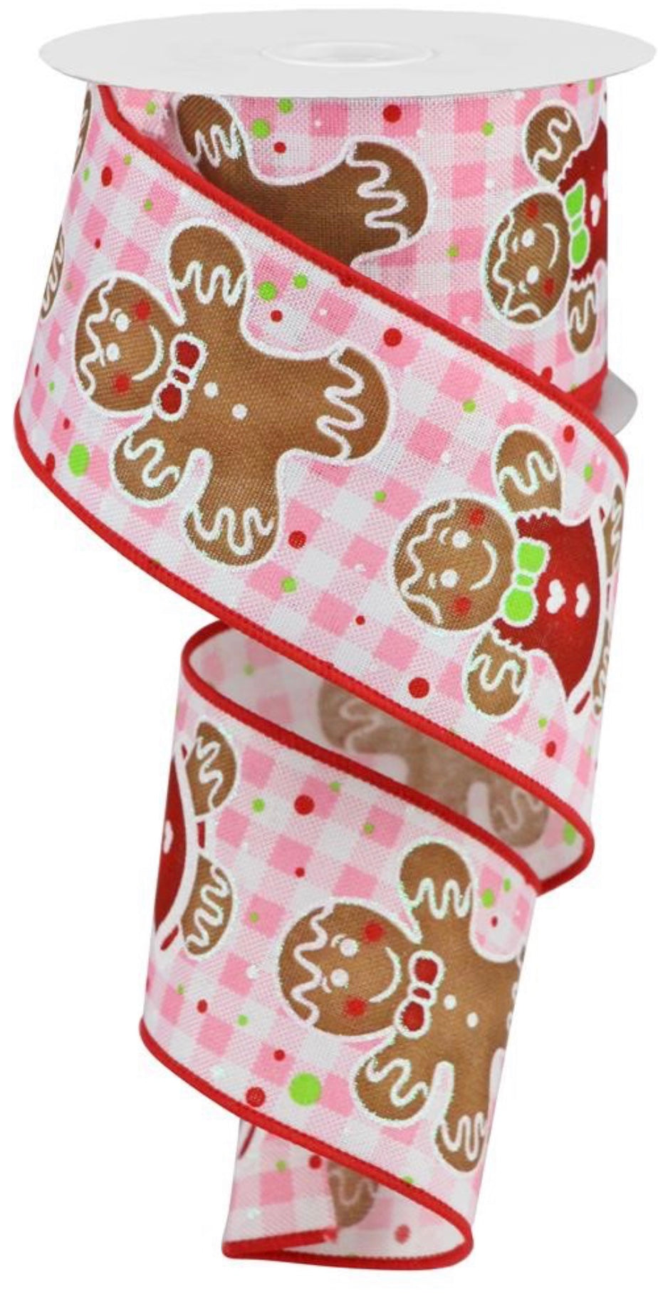 10 Yards - 2.5” Wired Pink Check Christmas Gingerbread Ribbon with Glitter Accent