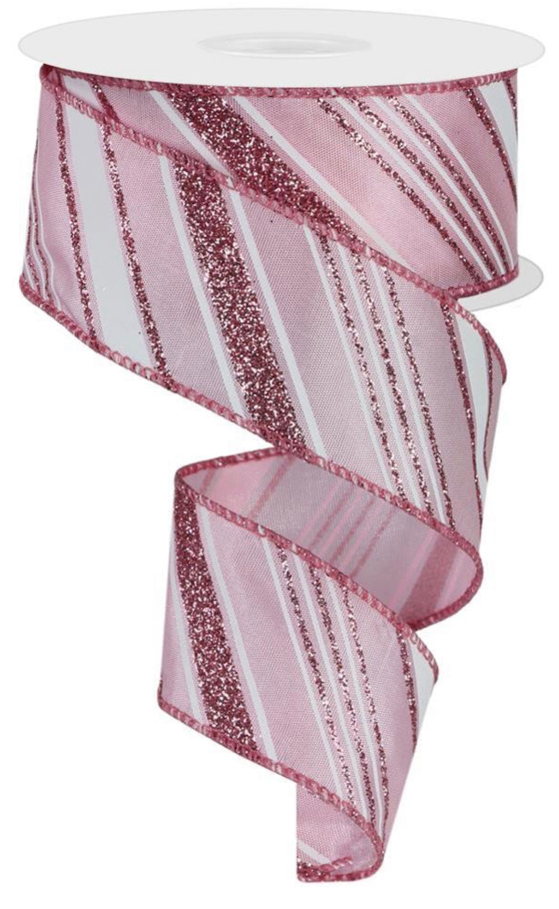 Wired Pink and White Glitter Swirl Stripe Ribbon- 1.5”x10 Yards