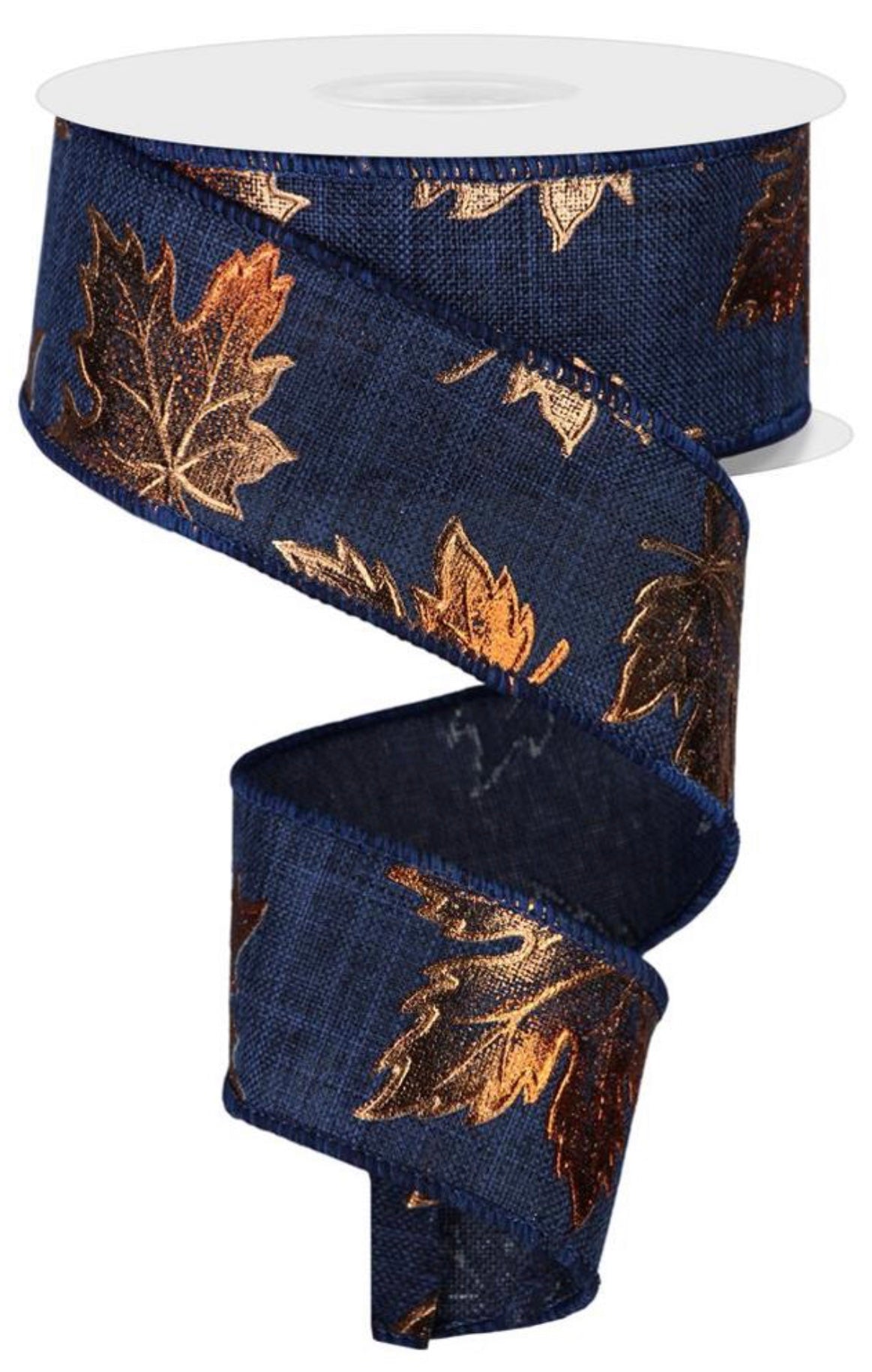 Wired Navy Blue Background with Orange Foil Fall Leaves Ribbon-1.5”x10 Yards