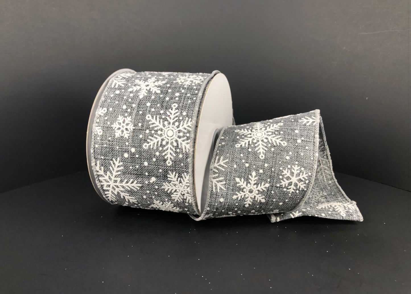 10 Yards - 2.5” Wired Gray and White Glitter Snowflake Ribbon