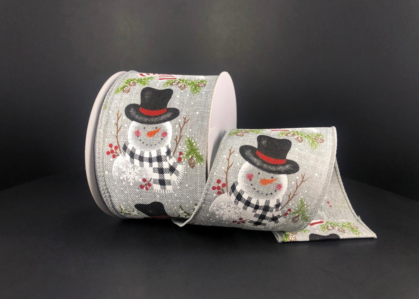 10 Yards - 2.5” Wired Gray Background Winter Snowman Ribbon with Glitter Accent