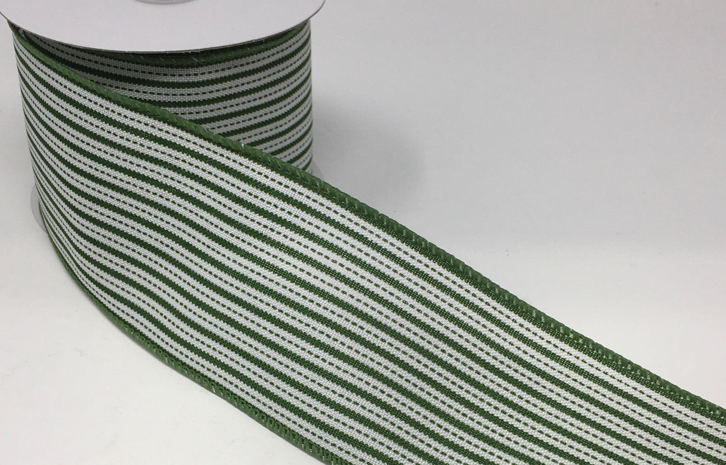 10 Yards - 2.5” Wired Green and Cream Dotted Stripe Ribbon