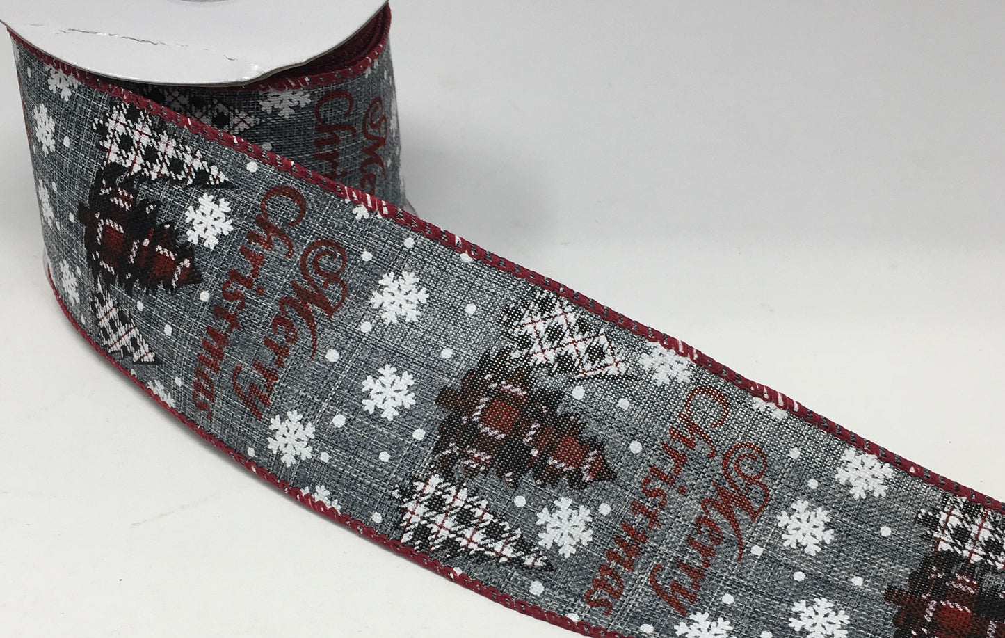 10 Yards - 2.5” Wired Merry Christmas Plaid Tree on Gray Background Ribbon