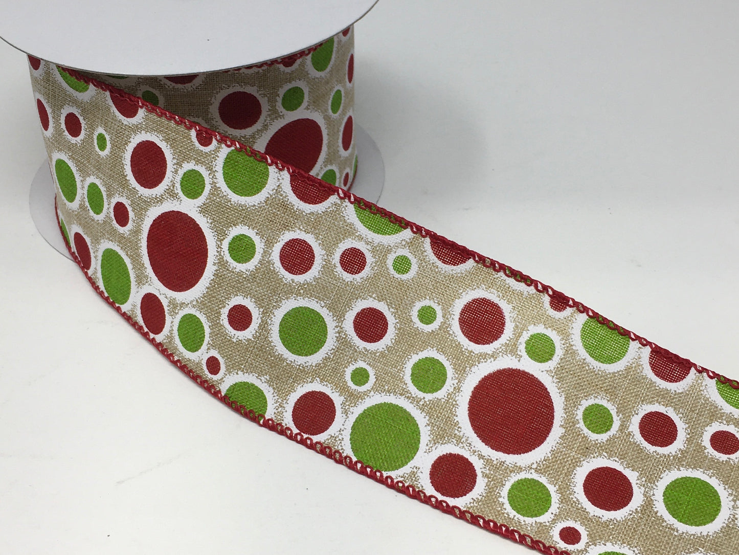 10 Yards - 2.5” Wired Natural Background Red and Green Christmas Polka Dot Ribbon